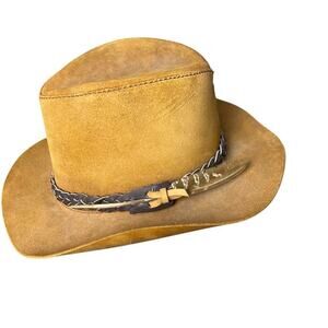 Head N Home “Duke” Suede Leather Hat, Unisex,  Leather banded Trim/Feather, Tan
